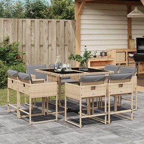 Set pranzo da giardino 9 pz con cuscini beige misto polyrattan