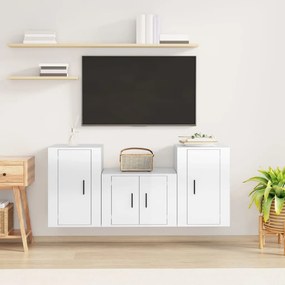Set Mobili Porta Tv 3 Pz Bianco Lucido İn Legno Multistrato /