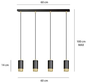 Lampadario 4 Luci Ivar Con Cilindri In Acciaio Nero E Oro