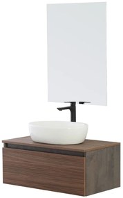 Mobile Bagno Sospeso con Lavabo da Appoggio e Specchio 1 Cassetto Salvaspazio in Legno  80 cm - Noce Canaletto