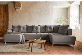 Divano letto angolare in velluto a coste marrone chiaro (angolo destro a forma di U) Lazy Lukka - Miuform