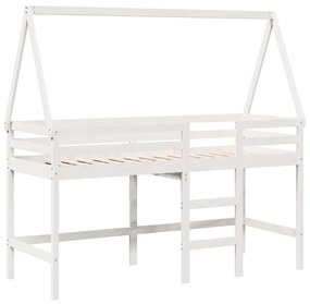 Letto soppalco con scala e tetto bianco 80x200 cm massello pino