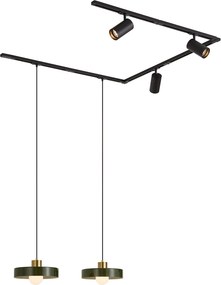 Sistema a binario moderno nero con 2 lampade a sospensione verdi e 3 faretti monofase - Iconic Jeana Luxe Jina