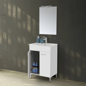 Mobile bagno a terra 60 cm bianco lucido con 2 ante lavabo e specchio   Martha