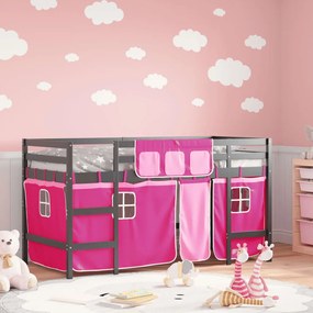 Letto A Soppalco Con Tende Bambini Rosa 90x200 Cm Massello Pino /