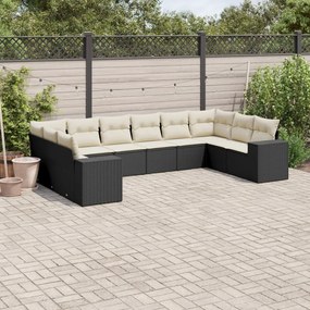 Set divani da giardino 10pz con cuscini in polyrattan nero