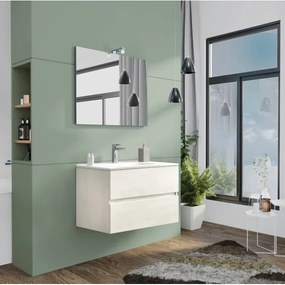 Mobile da bagno sospeso 80 cm con lavabo, specchio e led rovere bianco