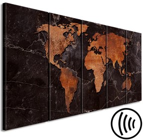 Quadro contemporaneo Mappa di rame (5 pezzi) stretto - mappa del mondo su texture scura
