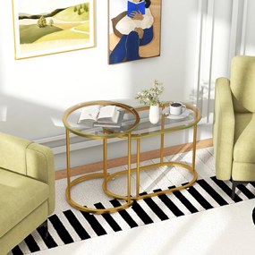 Costway Set di tavolini da salotto componibili con piano in vetro temperato struttura in metallo, Tavolini da caffè Oro
