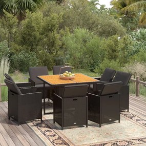 Set da pranzo per giardino 9pz con cuscini in polyrattan nero