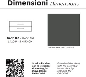 Mobile da bagno sospeso moderno base 120 CLASSIC con 2 cassetti e lavabo, ANTRACITE OPACO