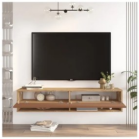 Mobile Tv Sospeso 140x32x30 Effetto Legno 2 Vani Rovere E Rosso Frame