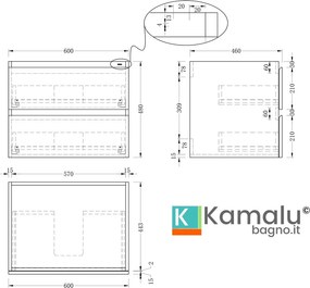 Mobile bagno 60 con lavabo integrato legno chiaro | KAM-HR60 - KAMALU