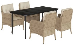 Set da pranzo da giardino 5 pz con cuscini beige in polyrattan