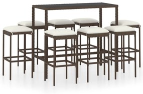 Set da Bar da Giardino 9 pz con Cuscini in Polyrattan Marrone