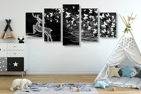 Quadri 5 pezzi – Cervo meraviglioso con farfalle in bianco e nero