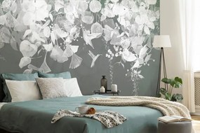 Carta da parati – Foglie Verde-Grigio con Colibrì
