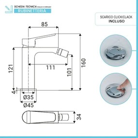 Miscelatore bidet monocomando cromo lucido con piletta click-clack Vegas