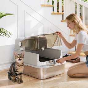 Lettiera Chiusa per Gatti XXL a 2 Porte 70x50x46,5 cm Vaschetta in Acciaio Inox Grigio...