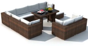 Set Divani da Giardino 10 pz con Cuscini in Polyrattan Marrone