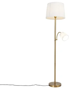 Lampada da terra classica in bronzo con paralume in tessuto bianco e lampada da lettura - Retro