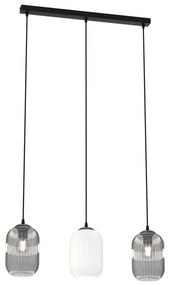 Lampadario 3 Luci Selene In Acciaio Nero E Vetri Plissettati In Bianco E Fumè