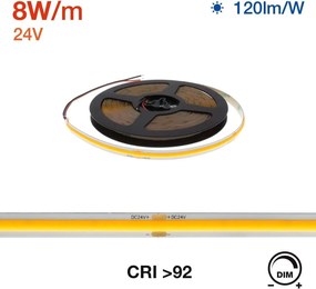 Striscia LED COB 8W/m 24VDC IP20 5m Professional Colore Bianco Freddo 5.700K