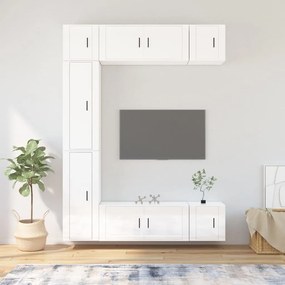 Set Di Mobili Porta Tv 7 Pz Bianco Lucido İn Legno Multistrato /