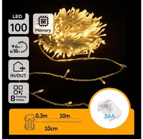 Aigostar -Catena LED natalizia da esterno 100xLED/8 funzioni 3xAA 10,3m IP44 bianco caldo