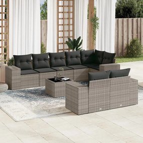 Set Divano da Giardino 9 pz con Cuscini Grigio in Polyrattan