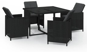 Set da pranzo per giardino 5 pz con cuscini in polyrattan nero