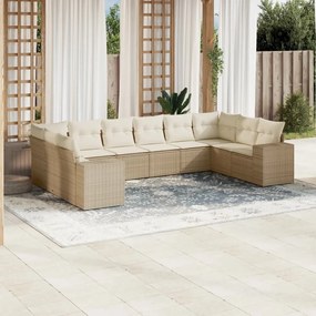 Set Divano da Giardino 10 pz con Cuscini Beige in Polyrattan