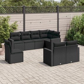 Set divani da giardino con cuscini 8 pz nero in polyrattan