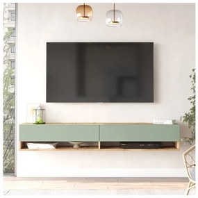 Mobile Tv Sospeso 180x32x30 Effetto Legno Rovere E Verde Con Vani Frame