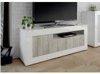 Mobile da soggiorno Porta TV, Made in Italy, Credenza per TV da salotto a 3 ante e ripiani, cm 138x56h42, colore Bianco lucido e cemento