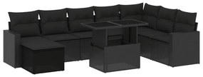 Set divani da giardino 9 pz con cuscini nero in polyrattan