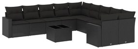 Set divani da giardino 11 pz con cuscini in polyrattan nero