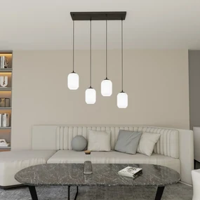 Lampadario 4 Luci Verdi In Acciaio Nero E Vetri Plissettati Bianchi
