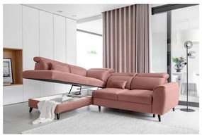 Divano angolare rosa allungabile/con contenitore (con penisola a sinistra/a L) e rivestimento in velluto Noble – ELTAP