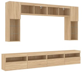 Set mobili tv a muro 8 pz con luci led rovere sonoma