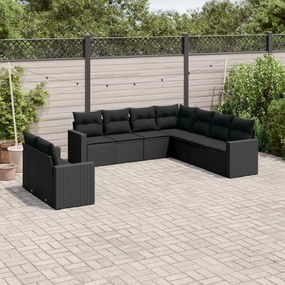 Set divani da giardino 9 pz con cuscini nero in polyrattan