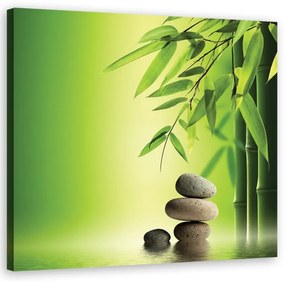 Quadro su tela, Zen e pietre di bambù su uno sfondo verde