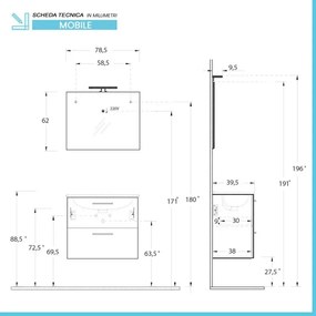 Mobile bagno sospeso 80 corda con lavabo e specchio Miami
