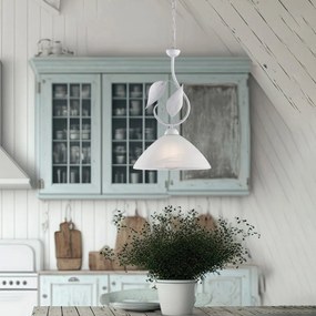 Sospensione Classica Esse 1 Luce Ferro Battuto E Vetro Bianco E Argento