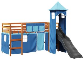 Letto a soppalco con torre bambini blu 90x190cm massello pino