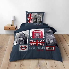 Set copripiumino e federa blu scuro in cotone per letto singolo 140x200 cm City London – douceur d'intérieur