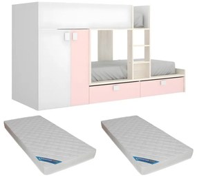 Letto a castello 2 x 90 x 190 cm - Armadio integrato - Bianco,  Naturale e Rosa + materasso - JUANITO