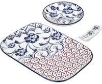 Set sushi 3 pezzi piattino rettangolare 23 cm blu rosso Sushiko
