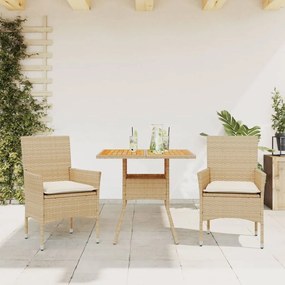 Set Pranzo Da Giardino 3 Pz Con Cuscini Beige Polyrattan Acacia /