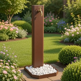 Fontana da Giardino Design a Colonna Ovale Rubinetto in Ottone e Base con Ciottoli Corten...